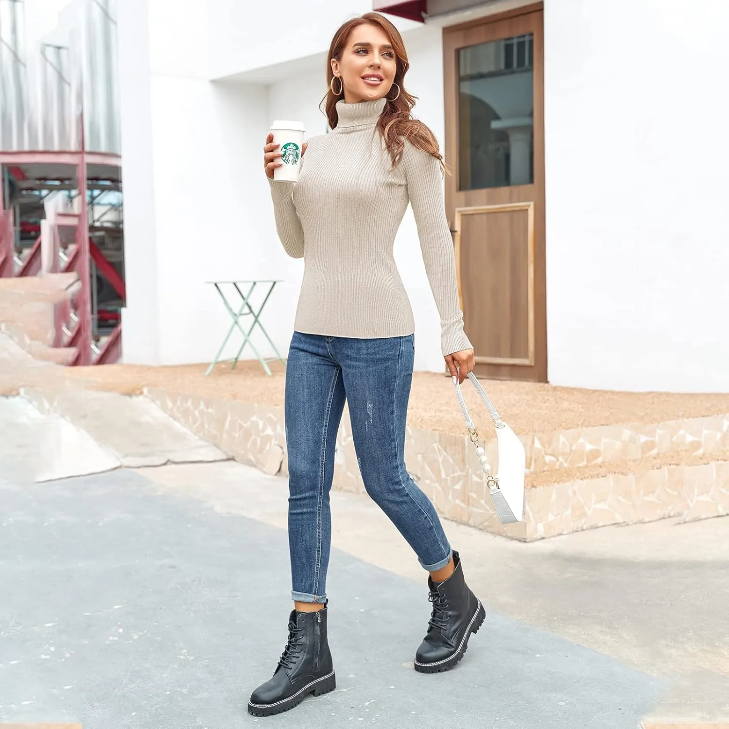 Rocorose Women's Ribbed Turtleneck Sweater Long Sleeve Knitted Solid Pullover