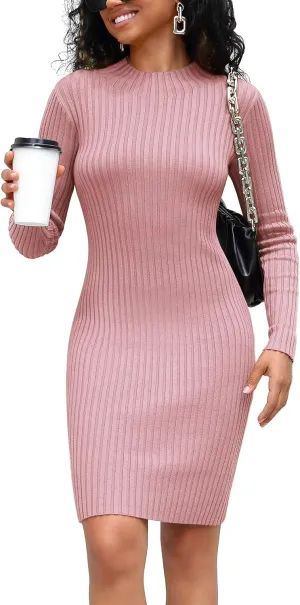 Rocorose Women's Turtleneck Sweater Dress Long Sleeve Elasticity Ribbed Mini Bodycon Dresses