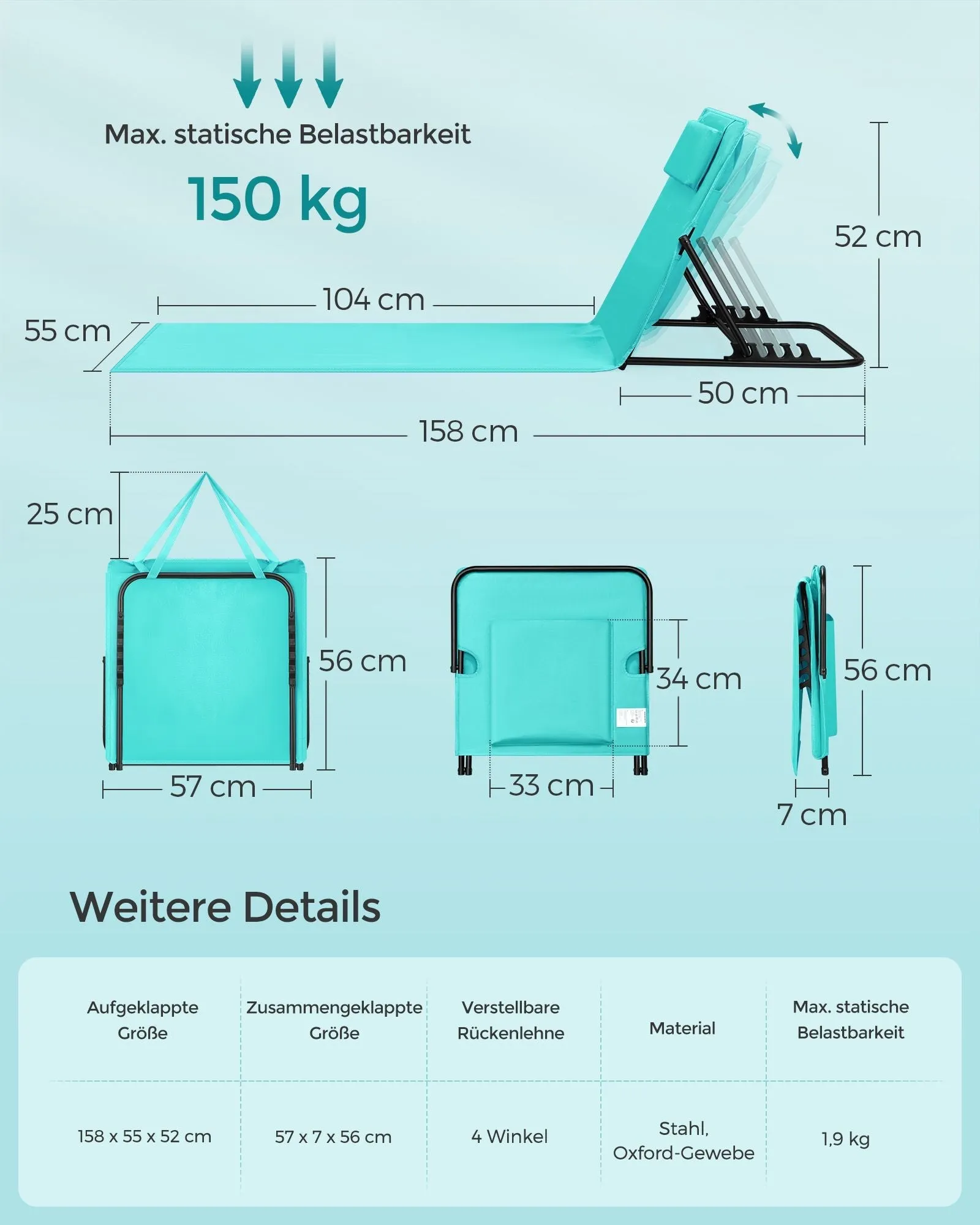 Rootz Portable Beach Lounger - Sea Blue Lounger - Sun Lounger - Galvanized Steel - Oxford Cloth - 158cm x 55cm - Lightweight Foldable Chair