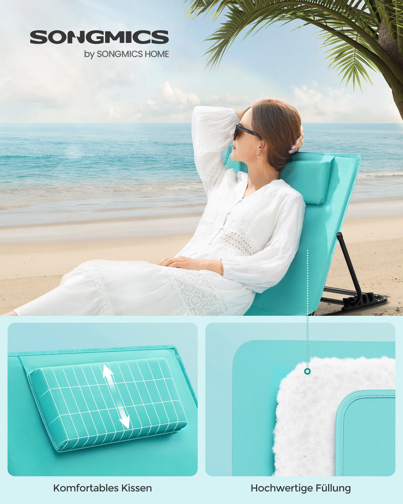Rootz Portable Beach Lounger - Sea Blue Lounger - Sun Lounger - Galvanized Steel - Oxford Cloth - 158cm x 55cm - Lightweight Foldable Chair