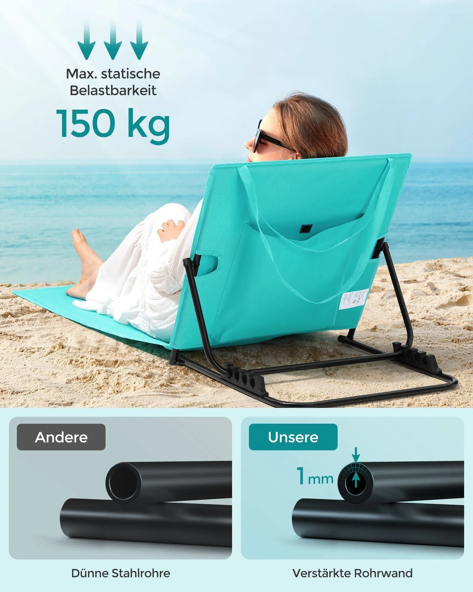 Rootz Portable Beach Lounger - Sea Blue Lounger - Sun Lounger - Galvanized Steel - Oxford Cloth - 158cm x 55cm - Lightweight Foldable Chair