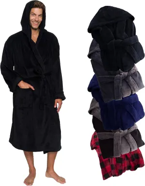 Ross Michaels Mens Robe Hooded Wrap Style - Mid Length Plush Fleece Bathrobe (Black, Large/X-Large)