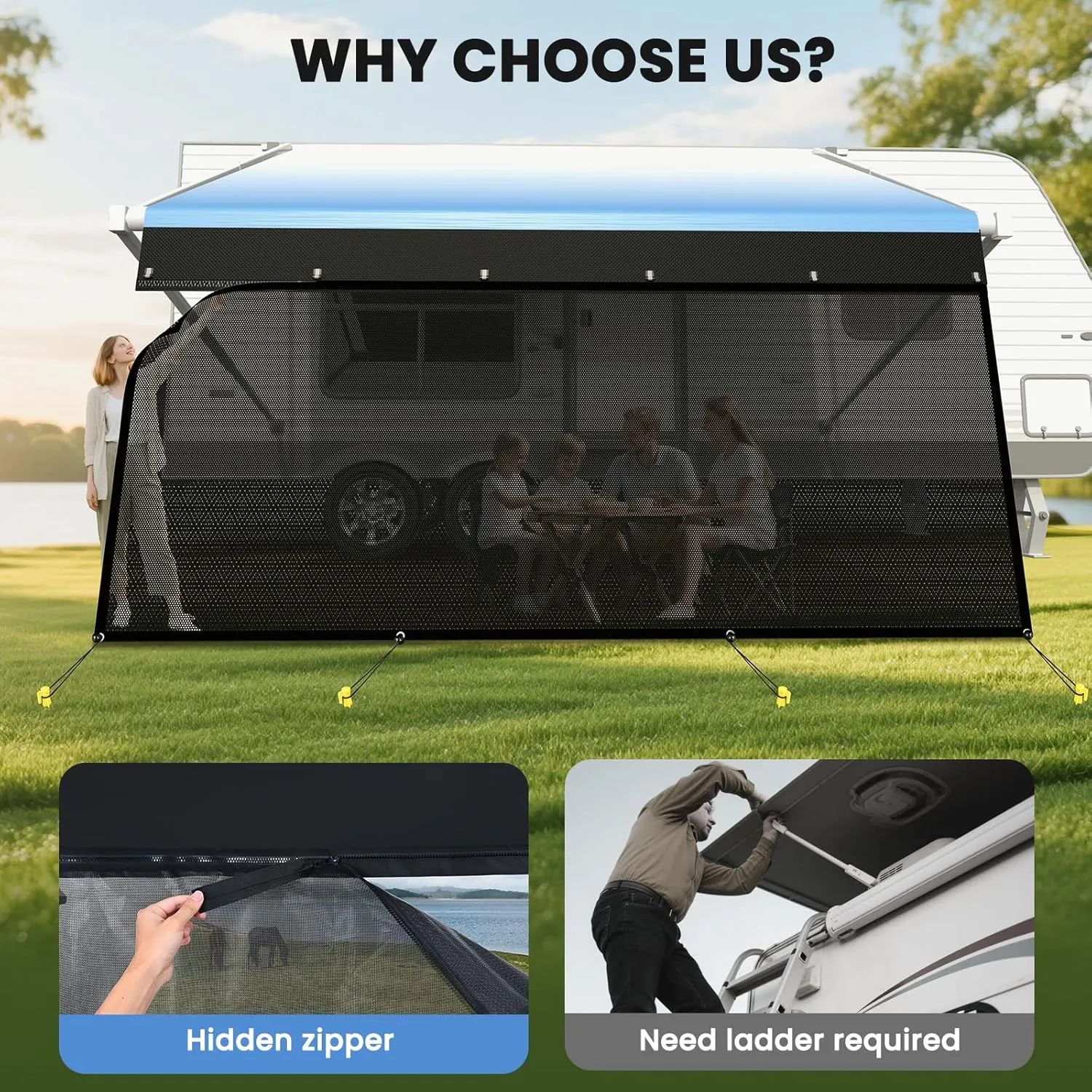 RV Awning Sun Shade Screen with Zipper, Upgrade 600D Oxford Top   8.11oz Denser Mesh Bottom, 95% UV Protection, Easy Install Sunscreen Shade Complete Kits for Trailer Awning 8' x 12'3''