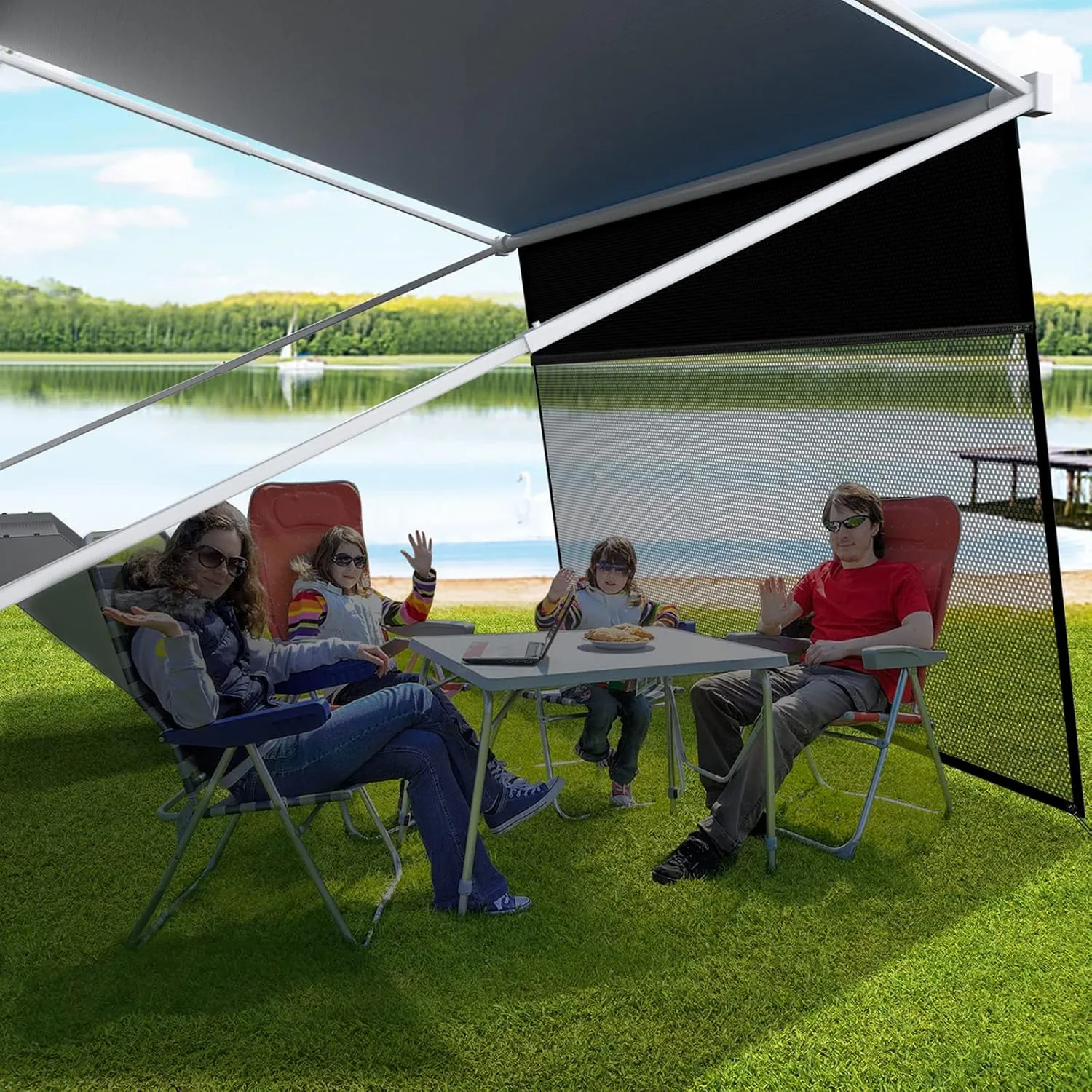 RV Awning Sun Shade Screen with Zipper, Upgrade 600D Oxford Top   8.11oz Denser Mesh Bottom, 95% UV Protection, Easy Install Sunscreen Shade Complete Kits for Trailer Awning 8' x 12'3''