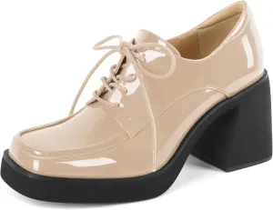 SAMMITOP Platform Oxfords for Women Chunky Lace Up Oxford Shoes Square Toe Casual Comfort Business Work Office Dress Shoes Patent Leather 3.2 Inches