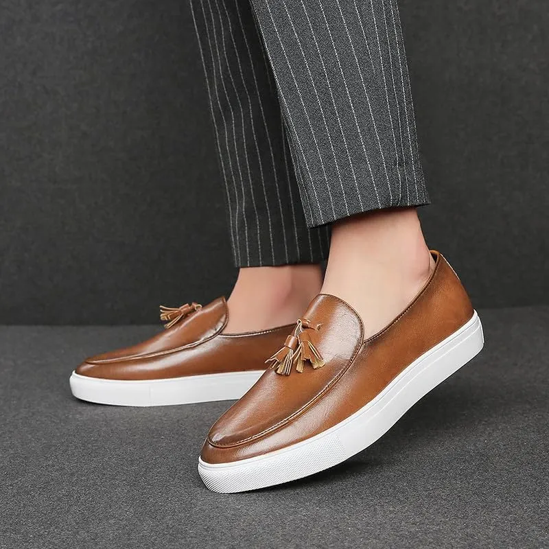 Santimon Men’s Tassel Loafers Casual Leather Slip-On Sneakers Flat Comfortable Fashion Shoes for Work, Weekend, Travel, Black/Brown