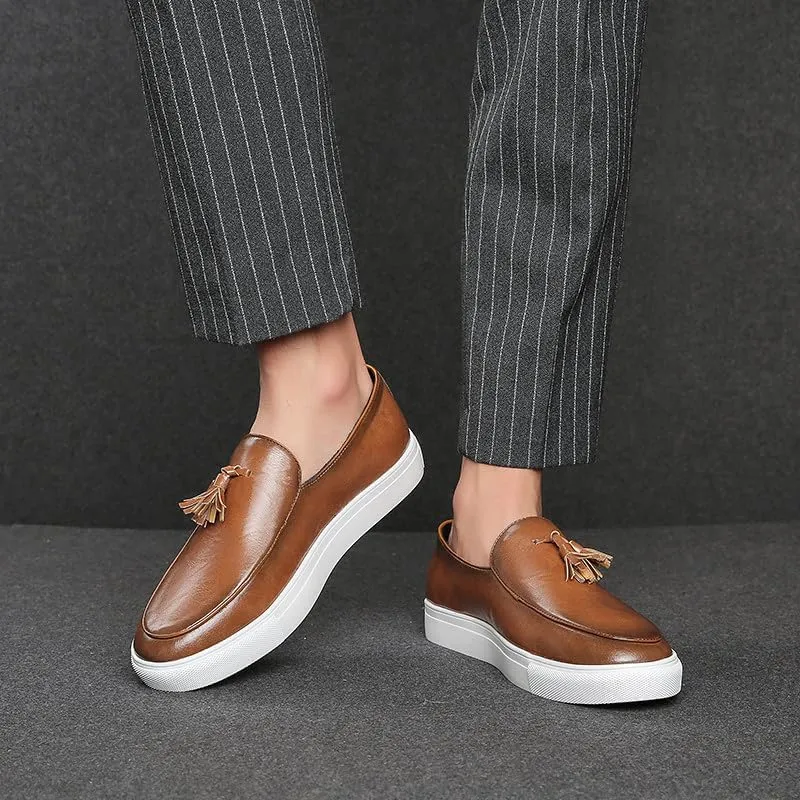 Santimon Men’s Tassel Loafers Casual Leather Slip-On Sneakers Flat Comfortable Fashion Shoes for Work, Weekend, Travel, Black/Brown