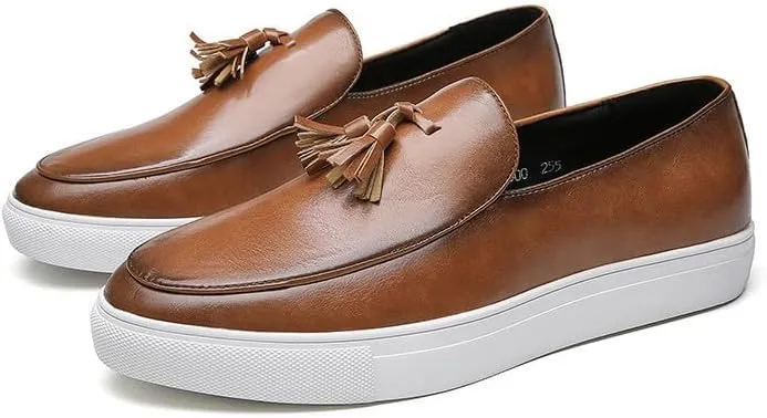 Santimon Men’s Tassel Loafers Casual Leather Slip-On Sneakers Flat Comfortable Fashion Shoes for Work, Weekend, Travel, Black/Brown