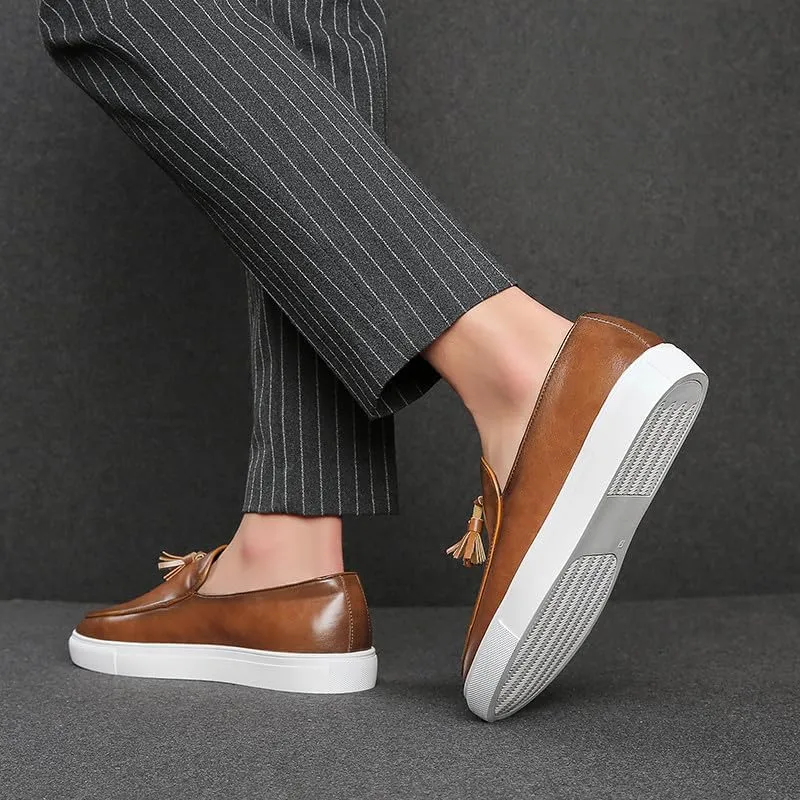 Santimon Men’s Tassel Loafers Casual Leather Slip-On Sneakers Flat Comfortable Fashion Shoes for Work, Weekend, Travel, Black/Brown
