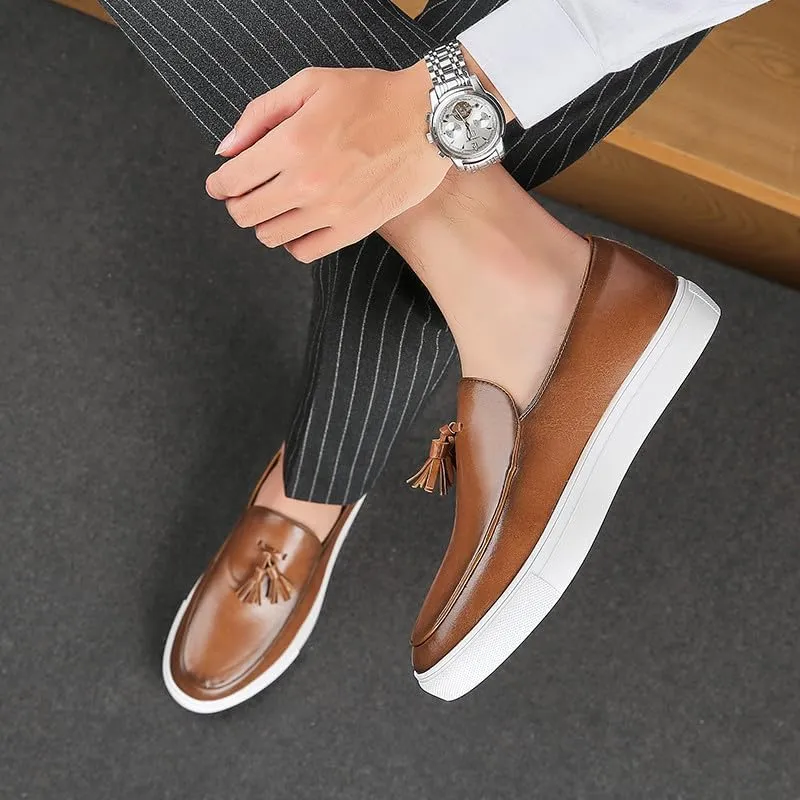 Santimon Men’s Tassel Loafers Casual Leather Slip-On Sneakers Flat Comfortable Fashion Shoes for Work, Weekend, Travel, Black/Brown