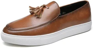 Santimon Men’s Tassel Loafers Casual Leather Slip-On Sneakers Flat Comfortable Fashion Shoes for Work, Weekend, Travel, Black/Brown