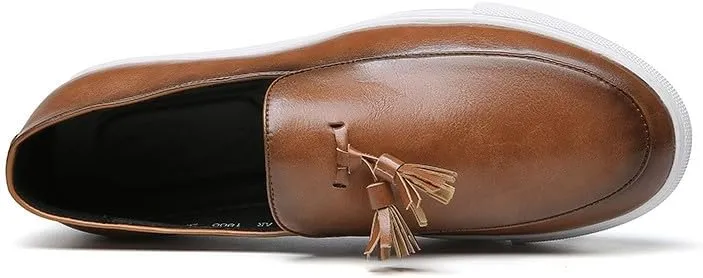 Santimon Men’s Tassel Loafers Casual Leather Slip-On Sneakers Flat Comfortable Fashion Shoes for Work, Weekend, Travel, Black/Brown