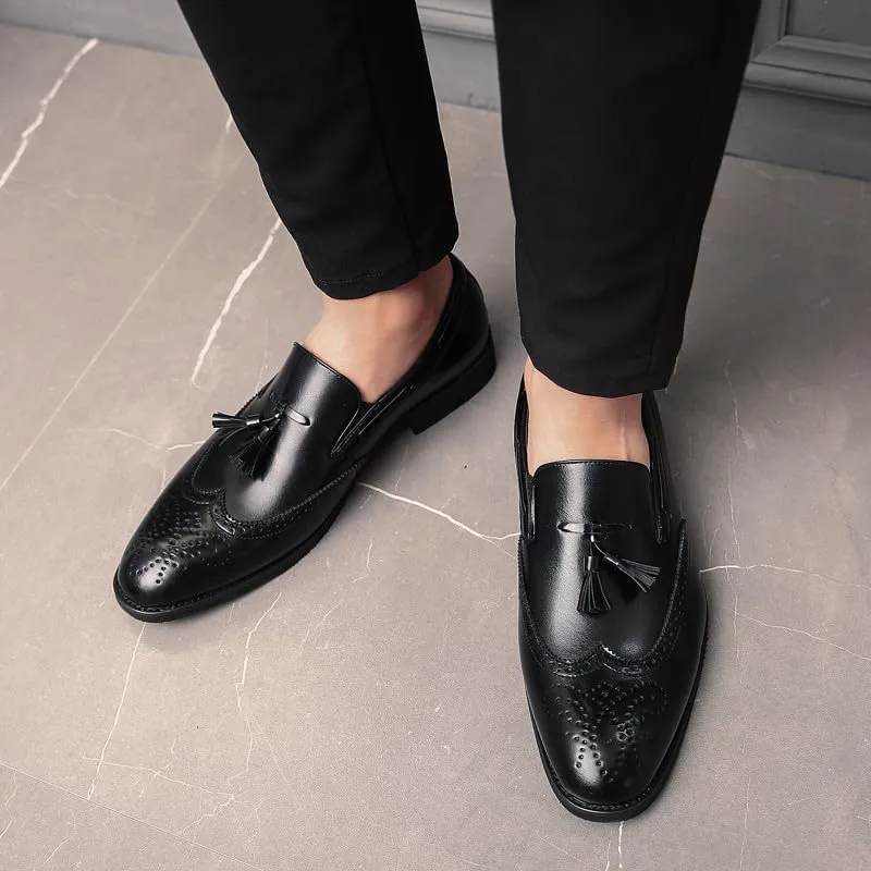 Santimon Mens Wingtip Tassel Loafers Wedding Dress Shoes Slip-On Brogues Loafers for Men Tuxedo Suit Shoes