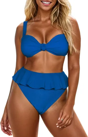 Saodimallsu Womens 2 Piece High Waisted Swimsuit Ruffle Bikini Sets Twist Knot Ribbed Bathing Suits