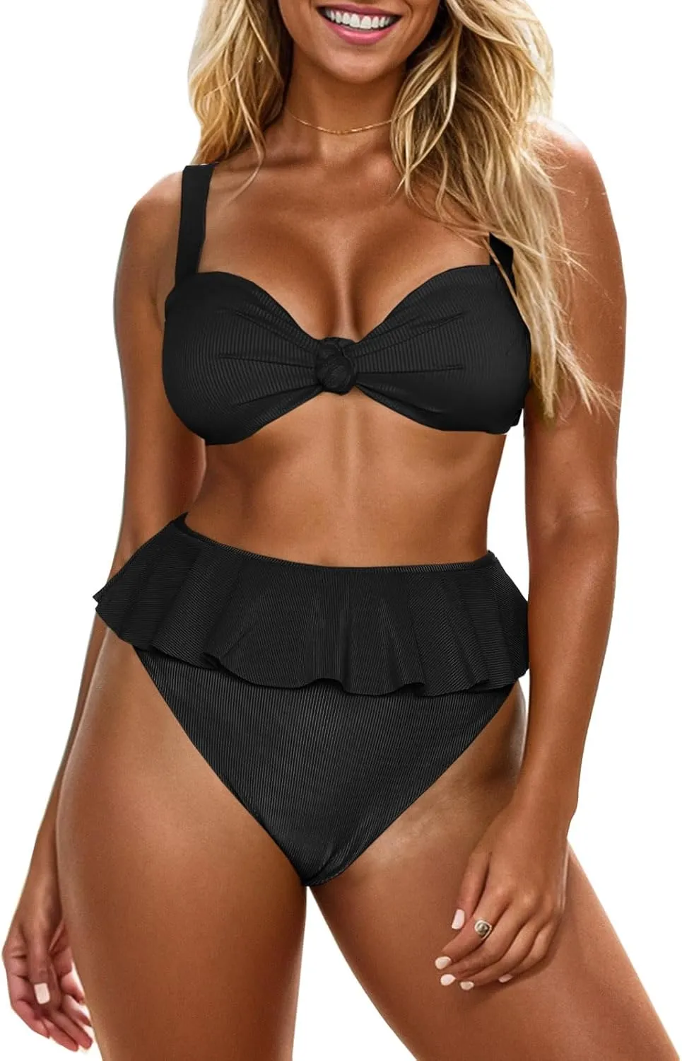 Saodimallsu Womens 2 Piece High Waisted Swimsuit Ruffle Bikini Sets Twist Knot Ribbed Bathing Suits