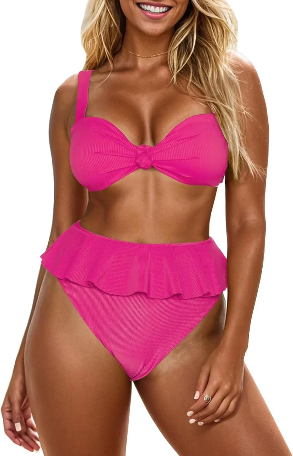 Saodimallsu Womens 2 Piece High Waisted Swimsuit Ruffle Bikini Sets Twist Knot Ribbed Bathing Suits