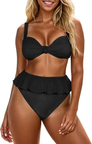 Saodimallsu Womens 2 Piece High Waisted Swimsuit Ruffle Bikini Sets Twist Knot Ribbed Bathing Suits