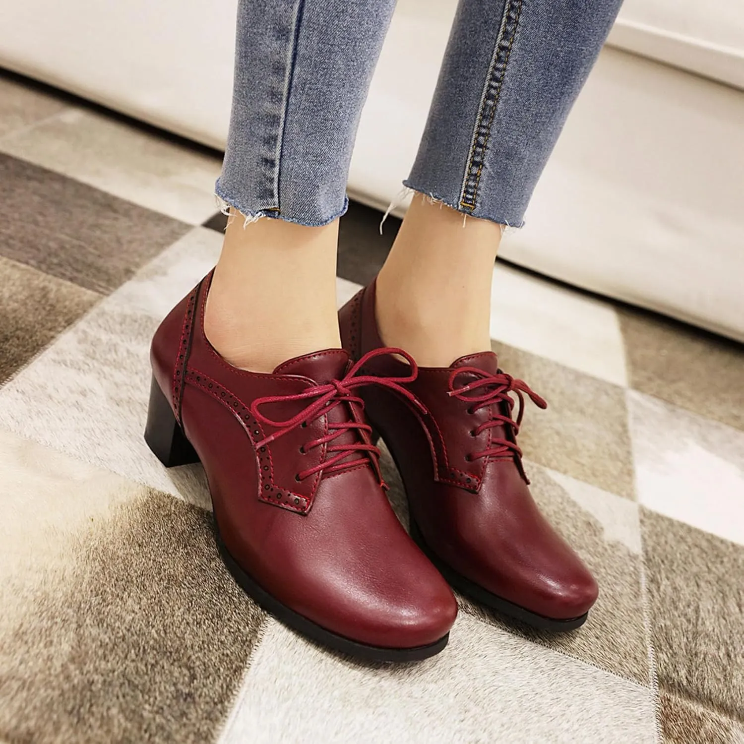 SHEMEE Women's Chunky Mid Heels Oxfords Vintage Round Square Toe Block Heeled Brogues Lace Up Work Offic Dress Shoes