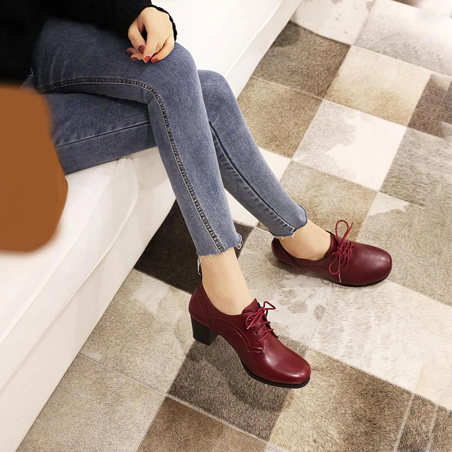 SHEMEE Women's Chunky Mid Heels Oxfords Vintage Round Square Toe Block Heeled Brogues Lace Up Work Offic Dress Shoes