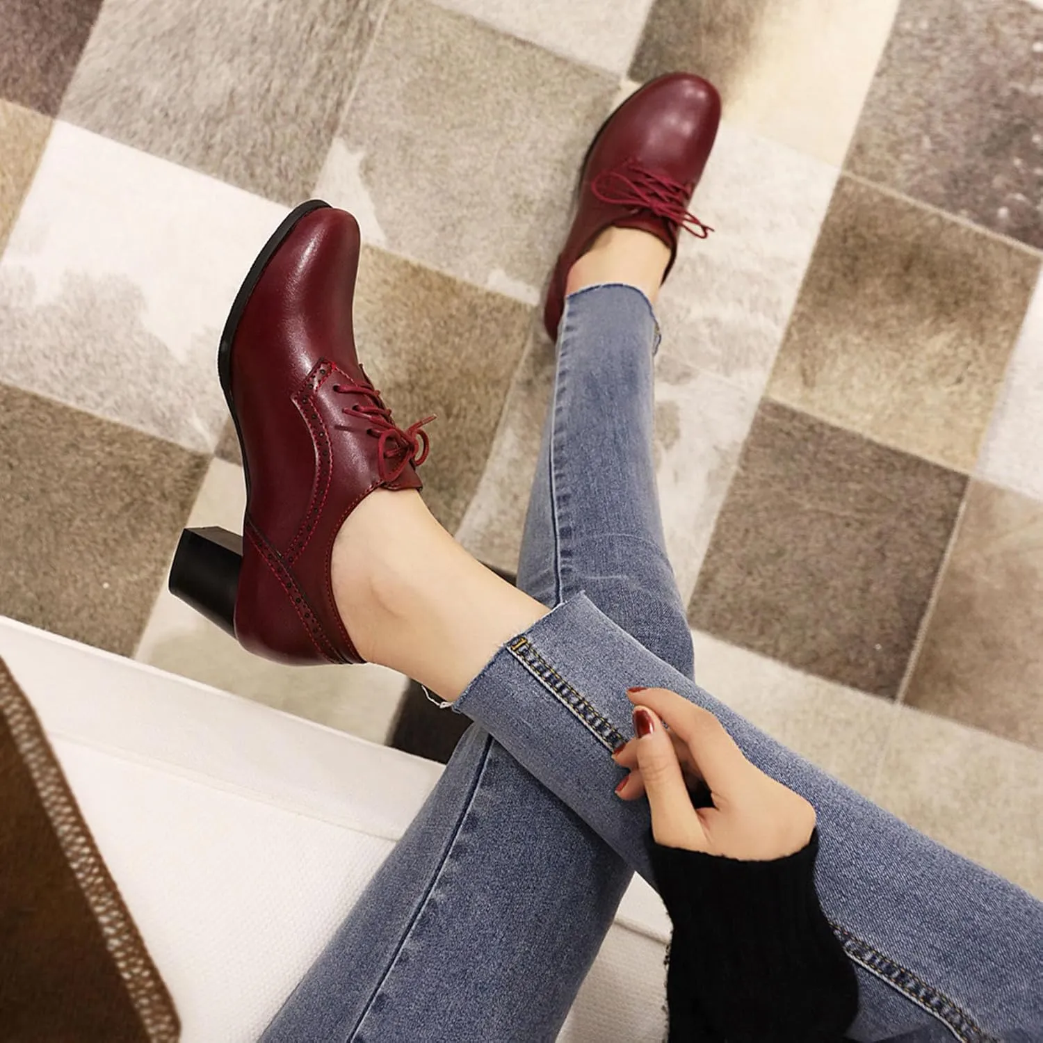 SHEMEE Women's Chunky Mid Heels Oxfords Vintage Round Square Toe Block Heeled Brogues Lace Up Work Offic Dress Shoes