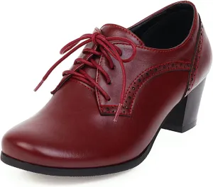 SHEMEE Women's Chunky Mid Heels Oxfords Vintage Round Square Toe Block Heeled Brogues Lace Up Work Offic Dress Shoes