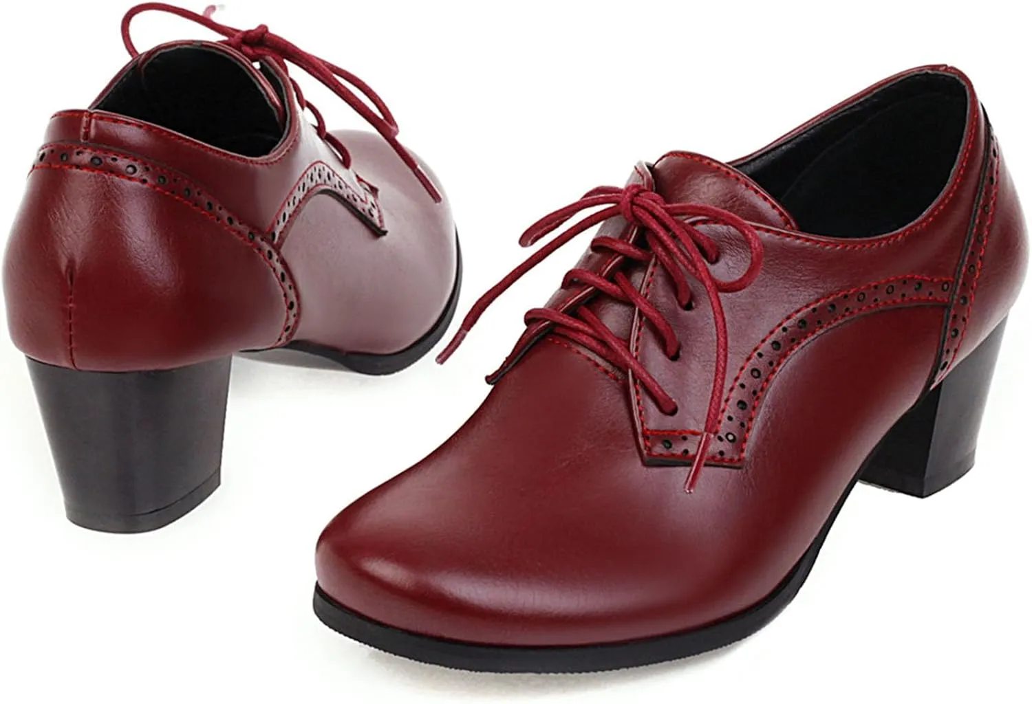 SHEMEE Women's Chunky Mid Heels Oxfords Vintage Round Square Toe Block Heeled Brogues Lace Up Work Offic Dress Shoes