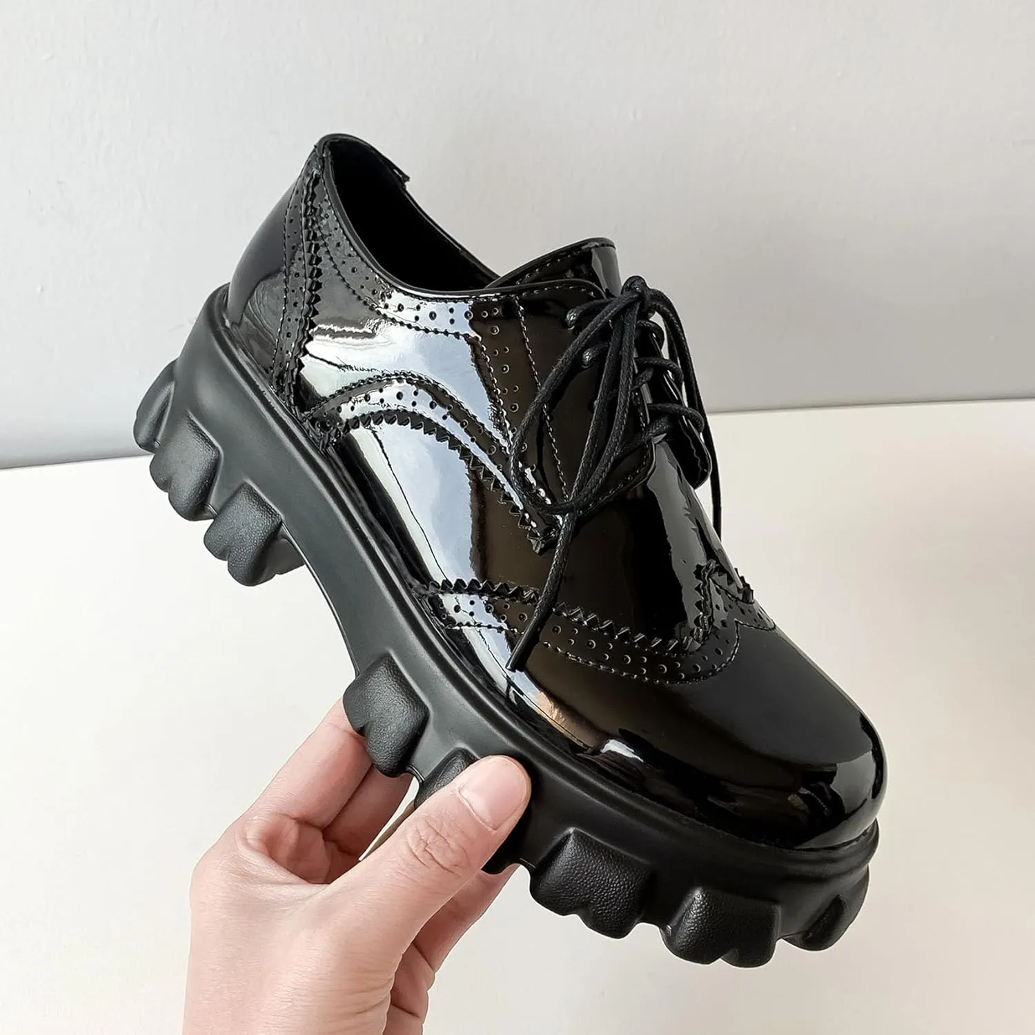 SHEMEE Women's Platform Oxfords Chunky Heels Loafer Lug Sole Lace Up Derby Shoes Comfort Business Work Office Dress Pumps