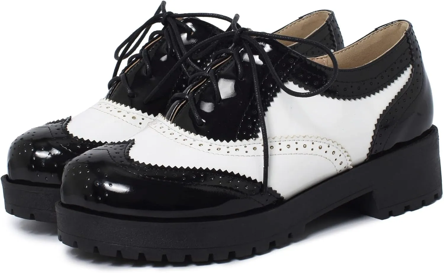 SHEMEE Women's Saddle Shoes Two Tone Patent Leather Chunky Mid Heels Wingtip Oxfords Platform Lug Sole Brogues (Black-White, US 10)