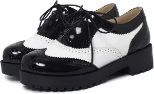 SHEMEE Women's Saddle Shoes Two Tone Patent Leather Chunky Mid Heels Wingtip Oxfords Platform Lug Sole Brogues (Black-White, US 10)