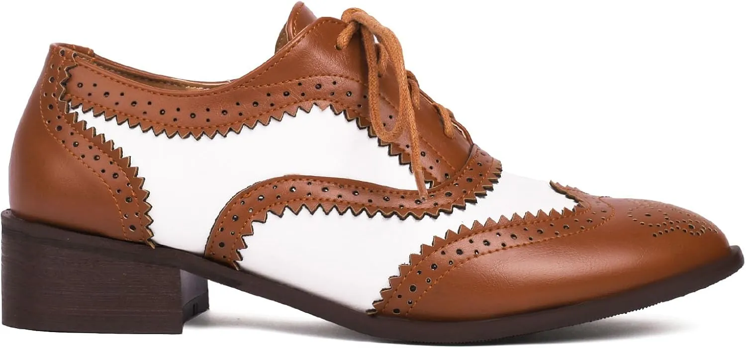 SHEMEE Women's Two Tone Oxfords Saddle Shoes Vintage Perforated Wingtip Brogues Laced Chunky Low Heels Pumps