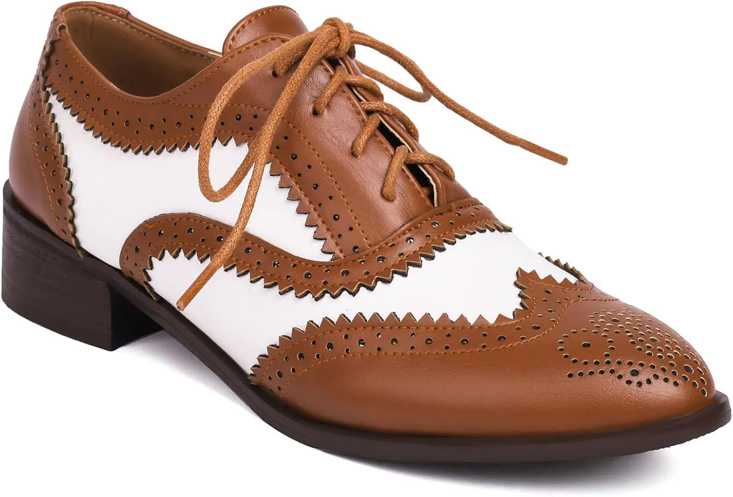 SHEMEE Women's Two Tone Oxfords Saddle Shoes Vintage Perforated Wingtip Brogues Laced Chunky Low Heels Pumps