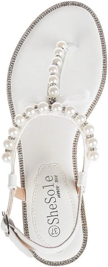 SheSole Women's Pearl T-Strap Bridal White Flat Sandals Beach Wedding Shoes