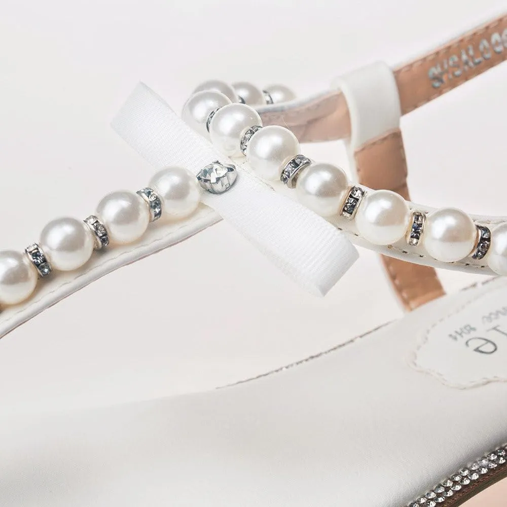 SheSole Women's Pearl T-Strap Bridal White Flat Sandals Beach Wedding Shoes