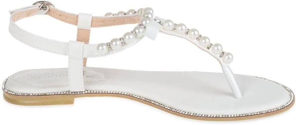 SheSole Women's Pearl T-Strap Bridal White Flat Sandals Beach Wedding Shoes