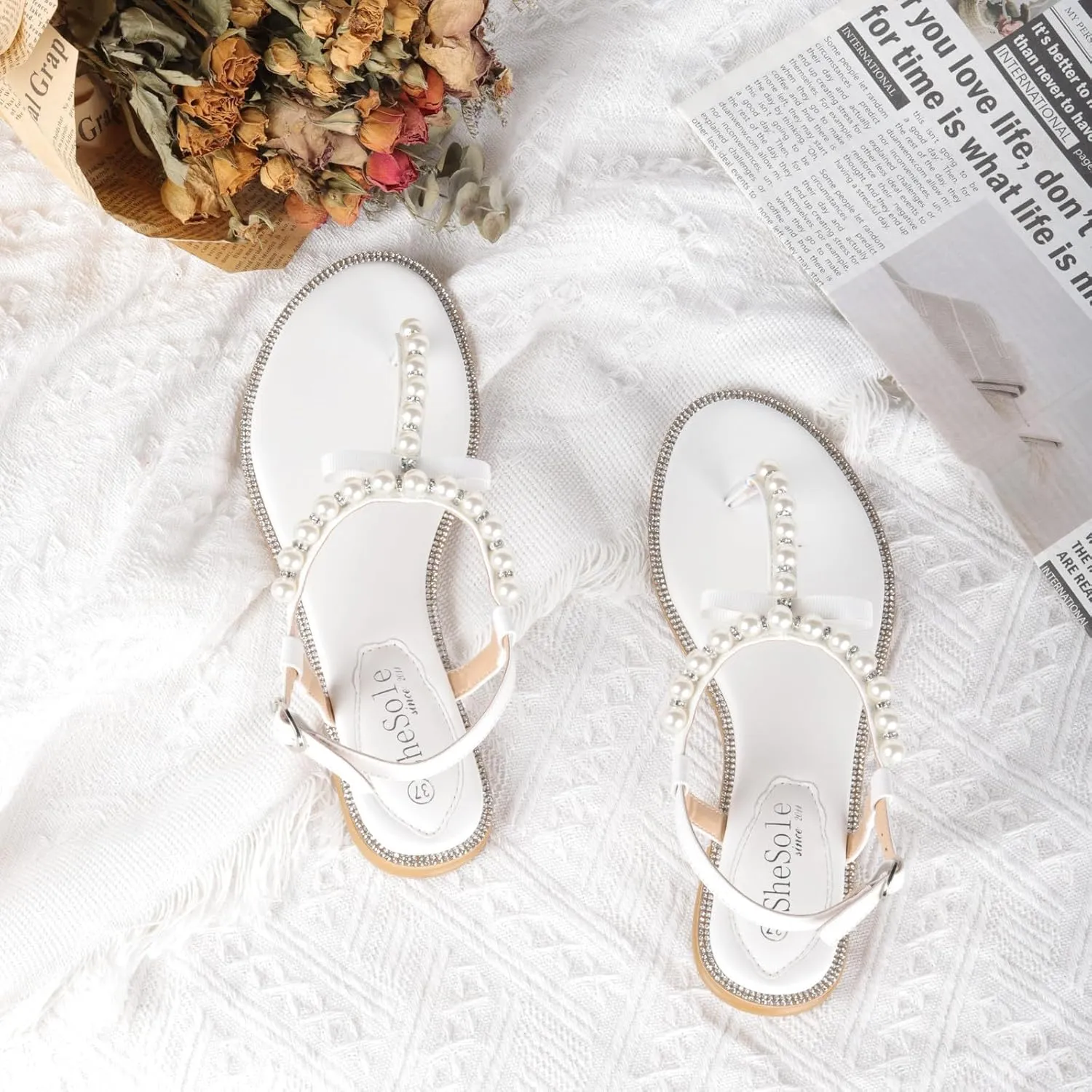 SheSole Women's Pearl T-Strap Bridal White Flat Sandals Beach Wedding Shoes