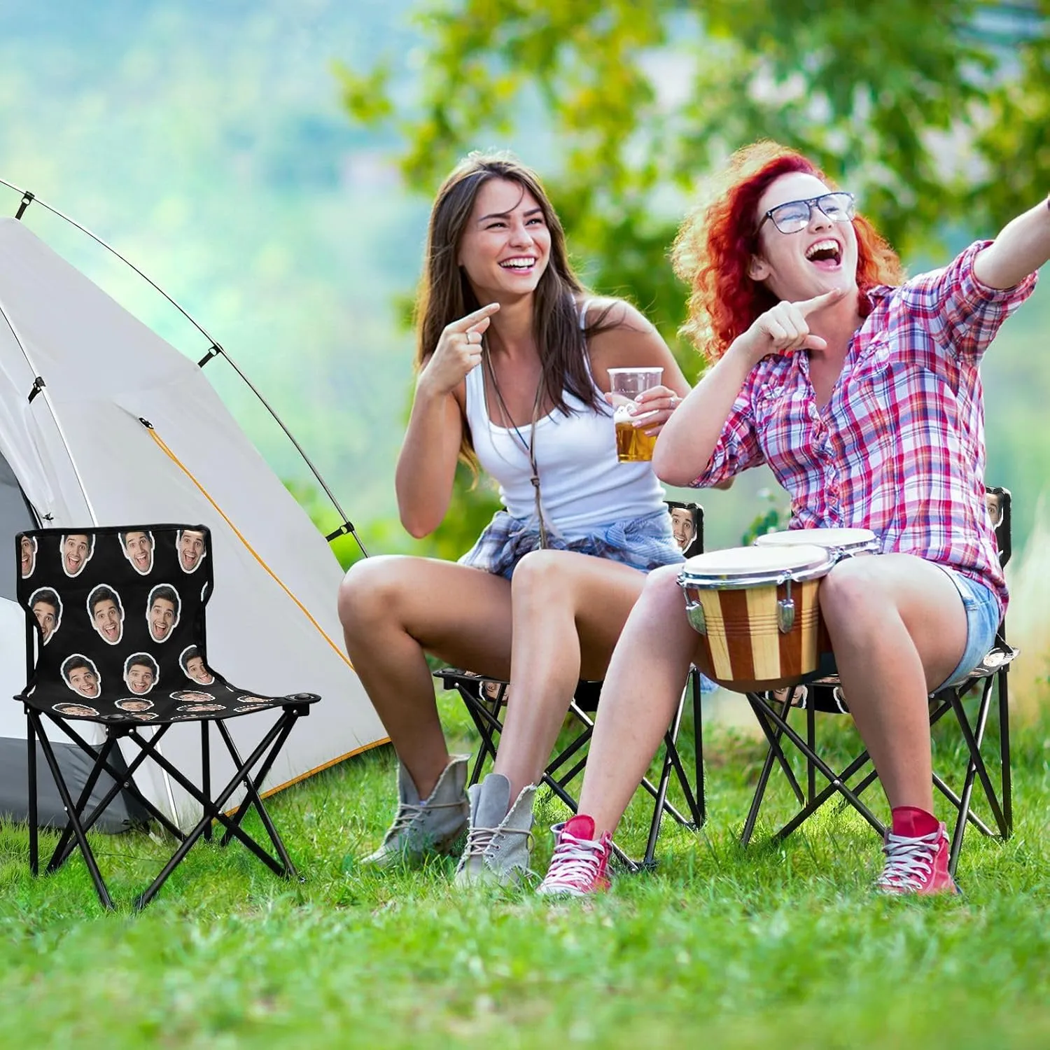 Sinestour Black Custom Folding Camping Chair Personalized Photo Face Outdoor Chair with Carry Bag for Barbeques Travel Lawn