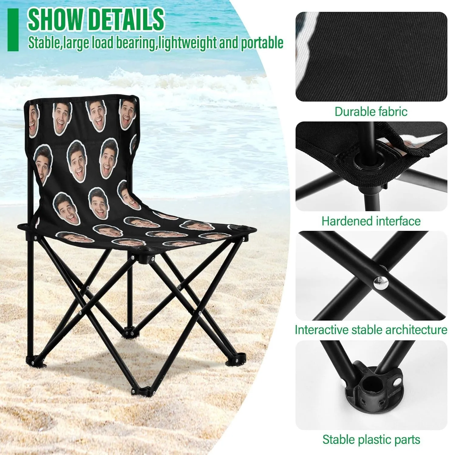 Sinestour Black Custom Folding Camping Chair Personalized Photo Face Outdoor Chair with Carry Bag for Barbeques Travel Lawn