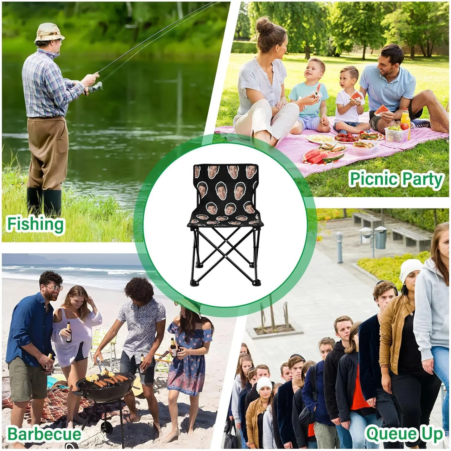 Sinestour Black Custom Folding Camping Chair Personalized Photo Face Outdoor Chair with Carry Bag for Barbeques Travel Lawn