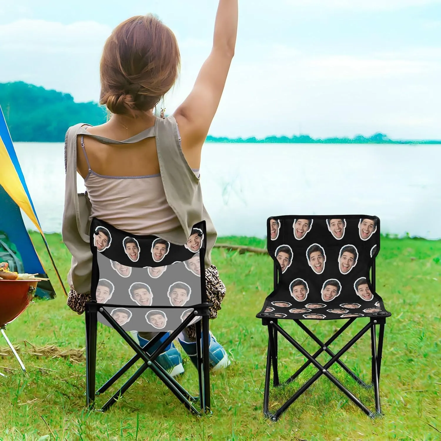 Sinestour Black Custom Folding Camping Chair Personalized Photo Face Outdoor Chair with Carry Bag for Barbeques Travel Lawn