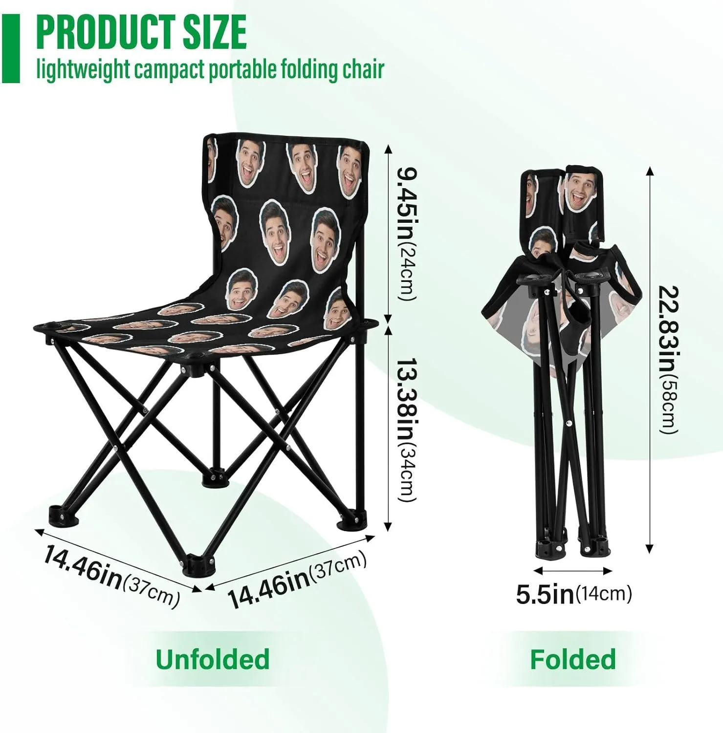 Sinestour Black Custom Folding Camping Chair Personalized Photo Face Outdoor Chair with Carry Bag for Barbeques Travel Lawn