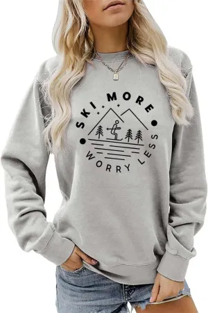 Ski More Worry Less Sweatshirt, Winter Sports Sweater Women Skiing Trip Shirt Crewneck Graphic Pullover Holiday Tops