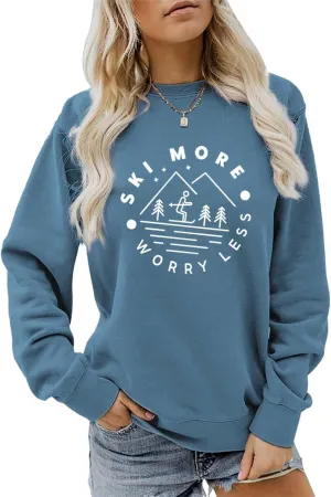Ski More Worry Less Sweatshirt, Winter Sports Sweater Women Skiing Trip Shirt Crewneck Graphic Pullover Holiday Tops