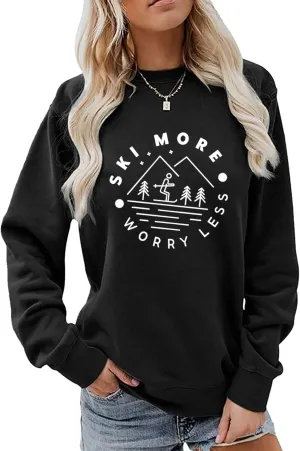 Ski More Worry Less Sweatshirt, Winter Sports Sweater Women Skiing Trip Shirt Crewneck Graphic Pullover Holiday Tops