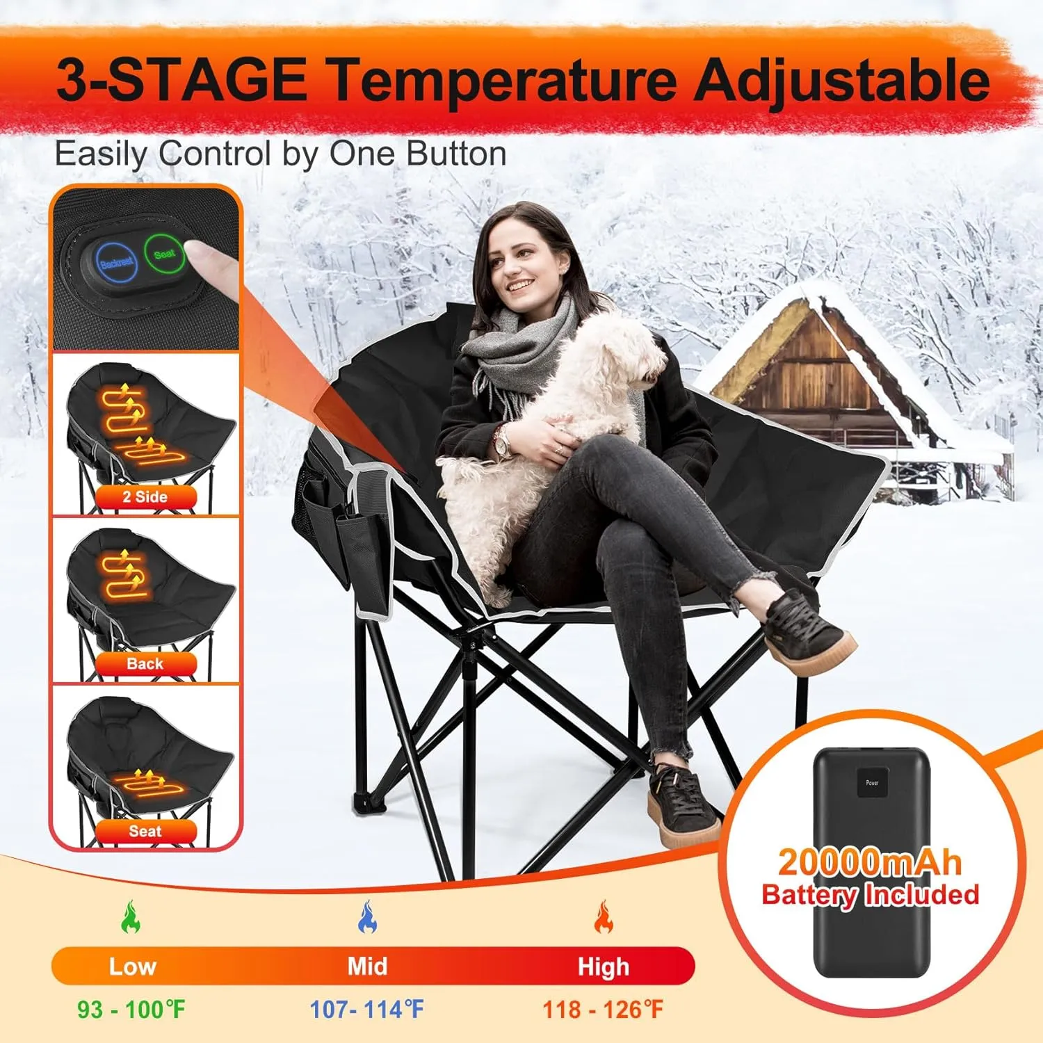 Slendor Heated Camping Chair Oversized, Portable Heated Chair Outdoor Sports with Backrest, High Back, Pillow, 3 Heat Levels, Folding Lawn Patio Lounge Chair, Supports 440 lbs