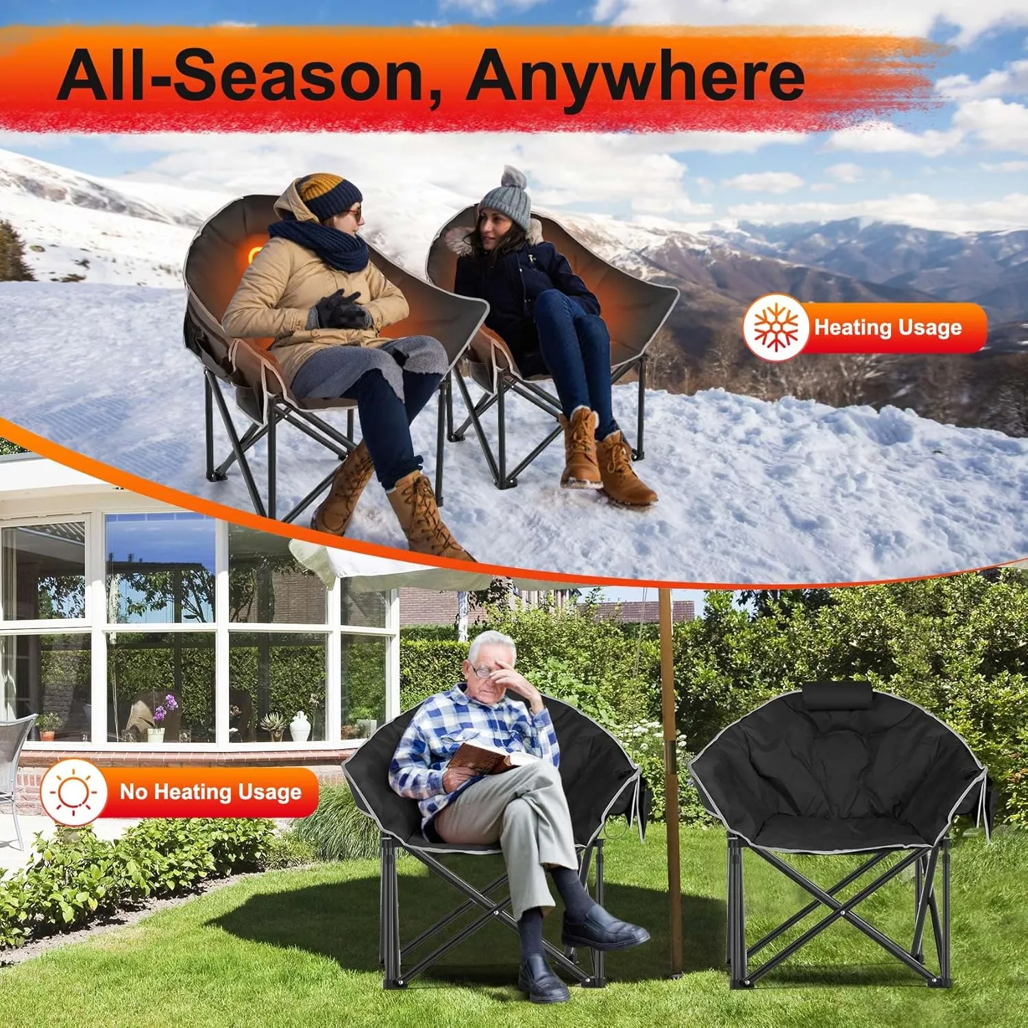 Slendor Heated Camping Chair Oversized, Portable Heated Chair Outdoor Sports with Backrest, High Back, Pillow, 3 Heat Levels, Folding Lawn Patio Lounge Chair, Supports 440 lbs