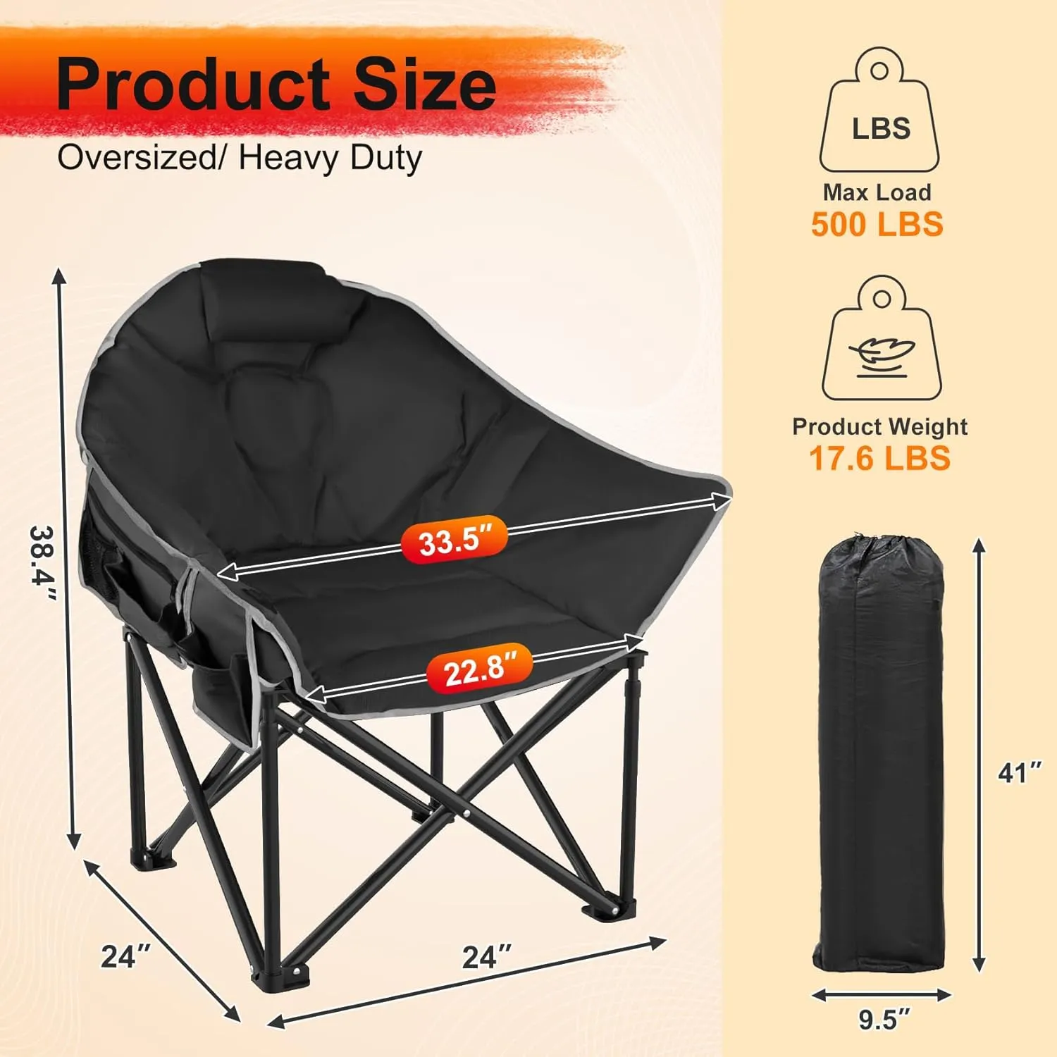 Slendor Heated Camping Chair Oversized, Portable Heated Chair Outdoor Sports with Backrest, High Back, Pillow, 3 Heat Levels, Folding Lawn Patio Lounge Chair, Supports 440 lbs