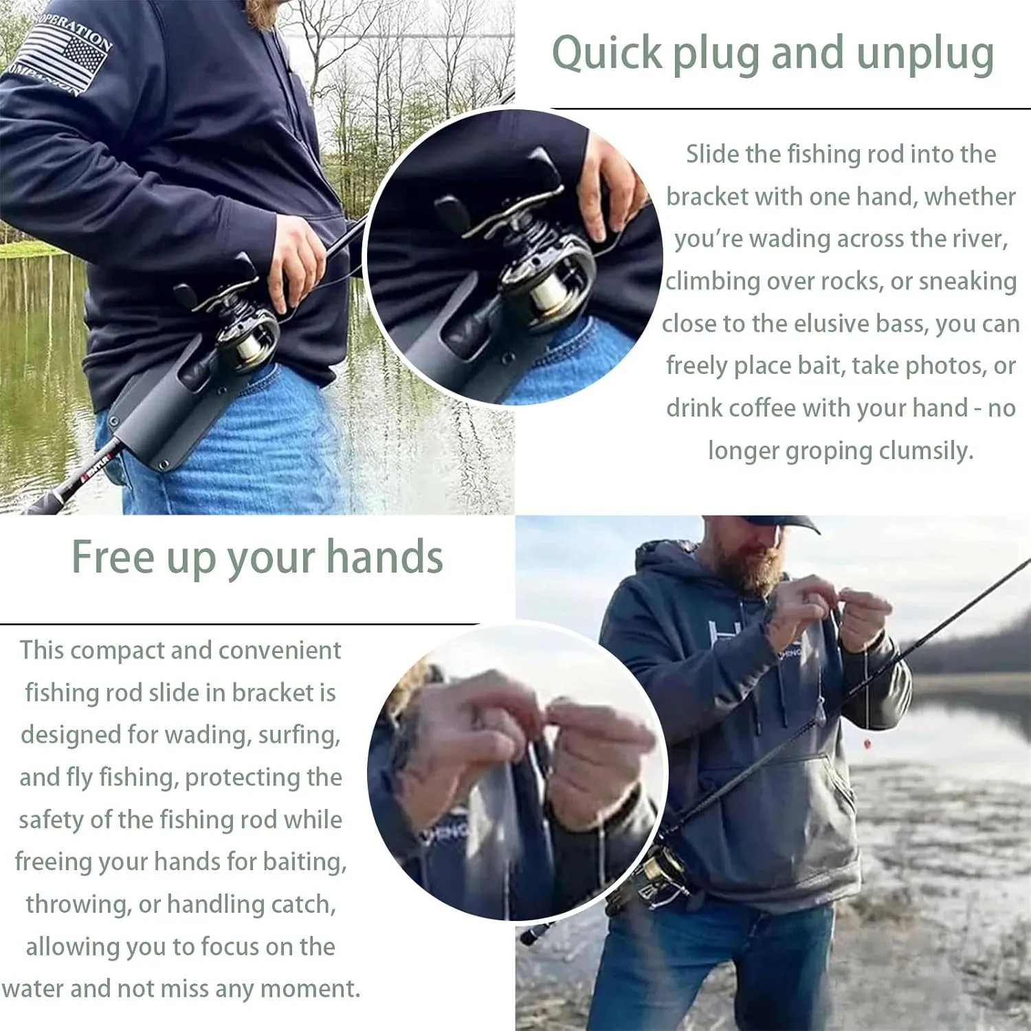 Slide-in Fishing Rod Hip Holder, Hands-Free Rod Holders for Wading, Surf, Fly Bank Fishing - Quick Draw Waist Belt Inserte Fish Pole Gear, Waist Belt Gear