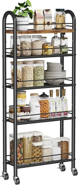 Slim Rolling Storage Cart, 5 Tier Narrow Utility Cart with Metal Frame and Wooden Top, Bathroom Storage Organizer Shelving Unit for Kitchen, Dining Room, Living Room,Home Office,Rustic Brown and Black
