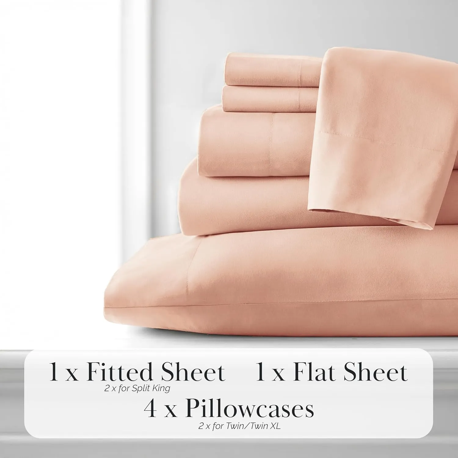 Southshore Fine Living, Inc. Extra Deep Pocket King Sheets Set, 6-Piece Premium Quality, Easy Care Bed Sheets with 21" Deep King Fitted Sheet, Oversized Flat Sheet, 4 Pillowcases, Blush