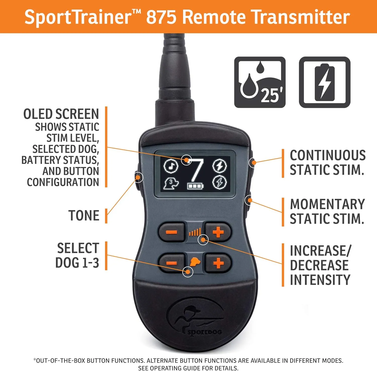 SportDOG Brand SportTrainer 875 Remote Trainer - Static Collar - 1/2 Mile Range - OLED Screen - Waterproof, Rechargeable E-Collar with Remote - Tone, Vibration, and Static, Black